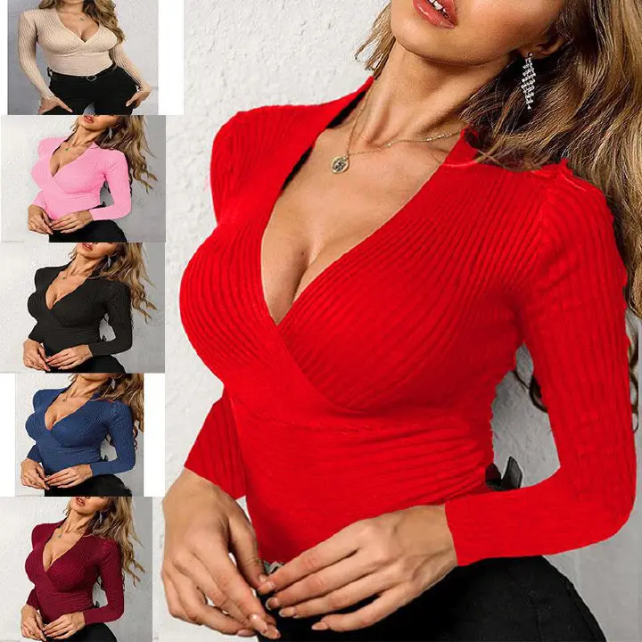 New Style of autumn 2023 intellectual temperament knitting sleeve v-collar slim female T-shirt manufacturers women's blouse 0.2 kg unit weight 0.2 kg commodity attributes fabric name knitting main fab