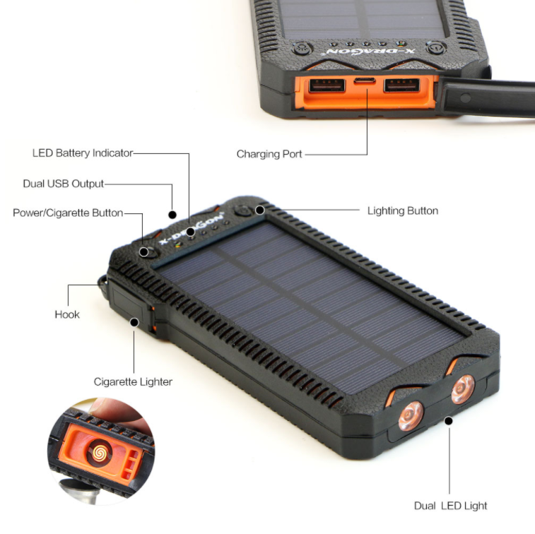 20000mAh Solar Power Bank External Battery Solar Powerbank Charger with Electric Cigarette Lighter