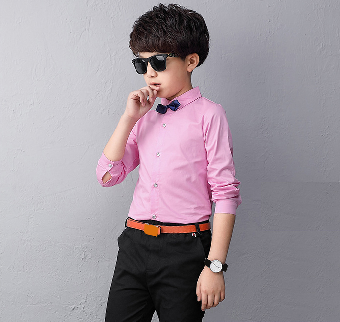 Boy Cotton Long-sleeved Shirt Children Wear Casual Tops Solid Color Teenage Boys Blouses 2-14 Yrs