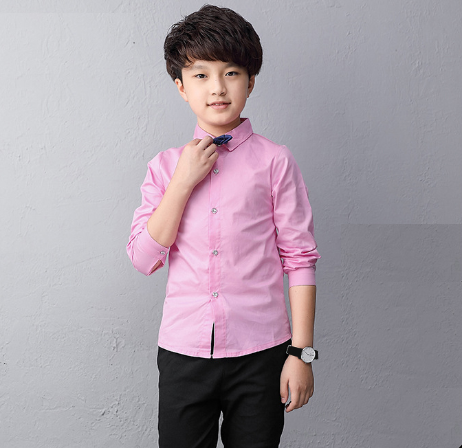 Boy Cotton Long-sleeved Shirt Children Wear Casual Tops Solid Color Teenage Boys Blouses 2-14 Yrs