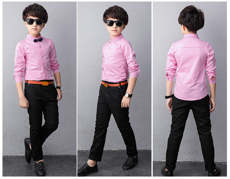 Boy Cotton Long-sleeved Shirt Children Wear Casual Tops Solid Color Teenage Boys Blouses 2-14 Yrs