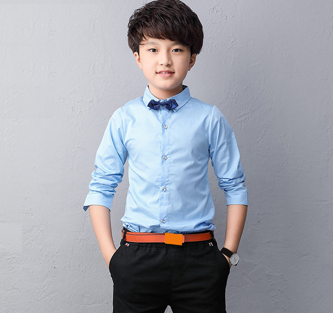 Boy Cotton Long-sleeved Shirt Children Wear Casual Tops Solid Color Teenage Boys Blouses 2-14 Yrs
