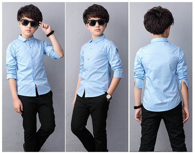 Boy Cotton Long-sleeved Shirt Children Wear Casual Tops Solid Color Teenage Boys Blouses 2-14 Yrs
