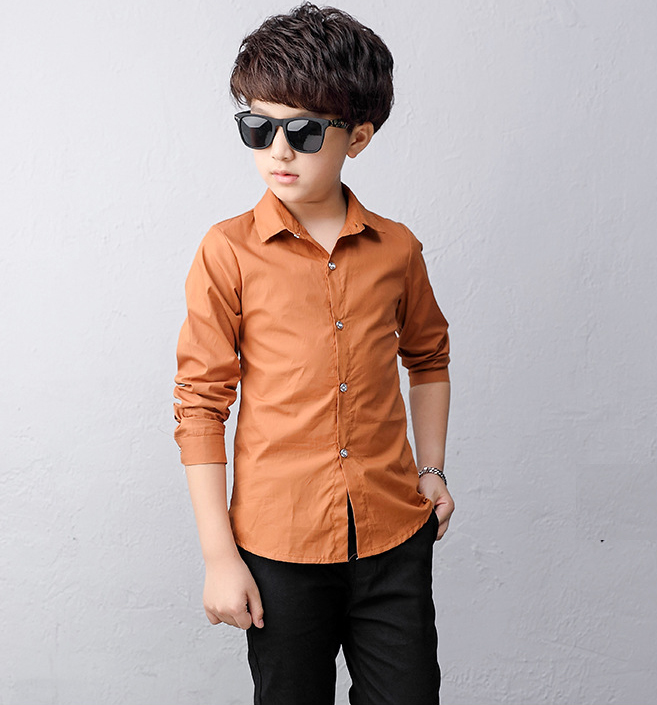Boy Cotton Long-sleeved Shirt Children Wear Casual Tops Solid Color Teenage Boys Blouses 2-14 Yrs