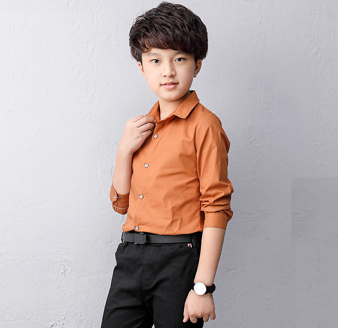 Boy Cotton Long-sleeved Shirt Children Wear Casual Tops Solid Color Teenage Boys Blouses 2-14 Yrs