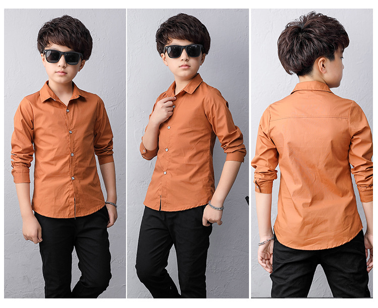 Boy Cotton Long-sleeved Shirt Children Wear Casual Tops Solid Color Teenage Boys Blouses 2-14 Yrs