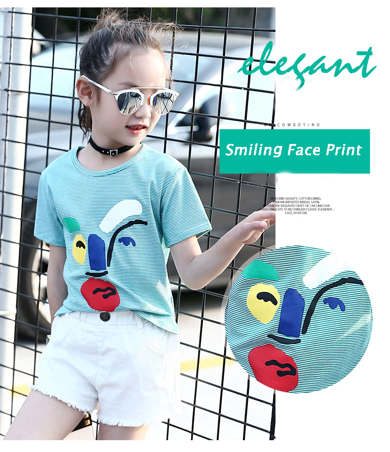 Children Summer Striped T-Shirts For Girls Clothing Cartoon Smiling Face Kids Tees 4-12 Years