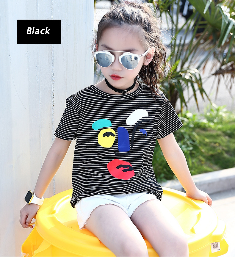 Children Summer Striped T-Shirts For Girls Clothing Cartoon Smiling Face Kids Tees 4-12 Years