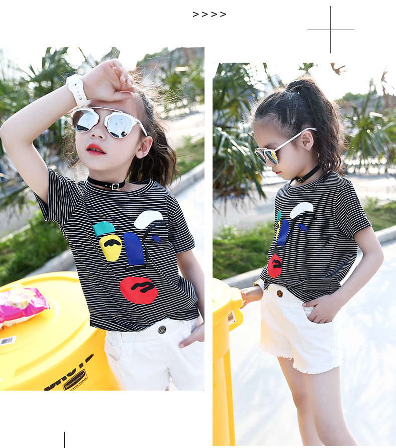 Children Summer Striped T-Shirts For Girls Clothing Cartoon Smiling Face Kids Tees 4-12 Years