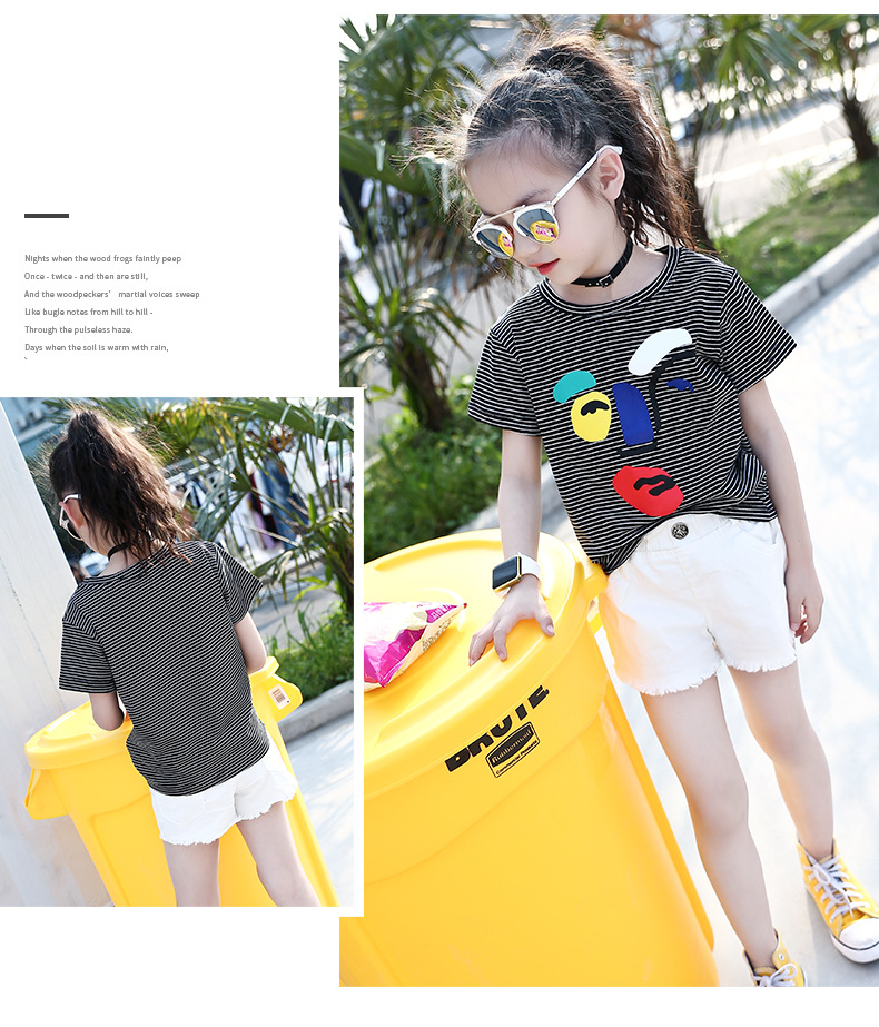 Children Summer Striped T-Shirts For Girls Clothing Cartoon Smiling Face Kids Tees 4-12 Years