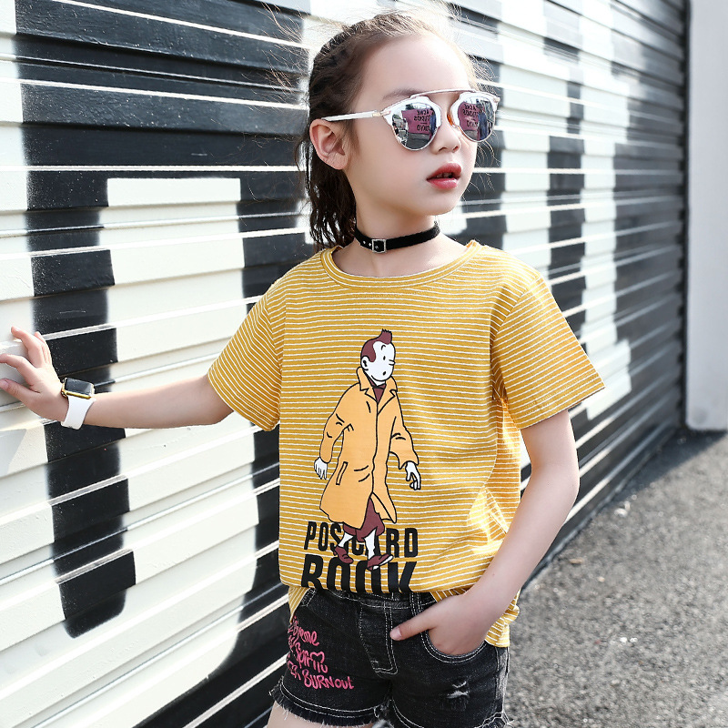 Children Summer Striped T-Shirts For Girls Clothing Cartoon Smiling Face Kids Tees 4-12 Years