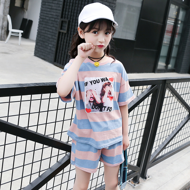 Kids Clothing Sets For Girls Sports Suits Short Sleeve Striped Outfits Summer Loose Girl Sportswear