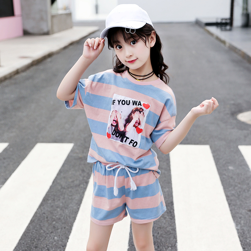 Kids Clothing Sets For Girls Sports Suits Short Sleeve Striped Outfits Summer Loose Girl Sportswear