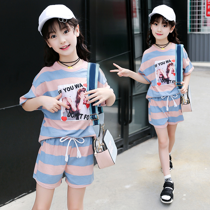 Kids Clothing Sets For Girls Sports Suits Short Sleeve Striped Outfits Summer Loose Girl Sportswear
