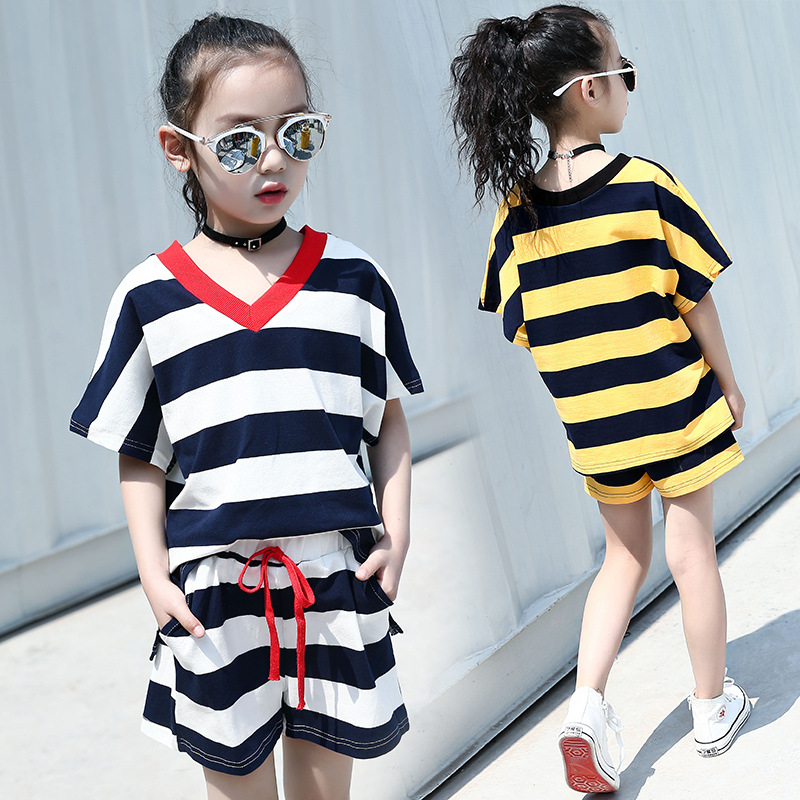Kids Clothing Sets For Girls Sports Suits Short Sleeve Striped Outfits For Children Tracksuits 2-12T