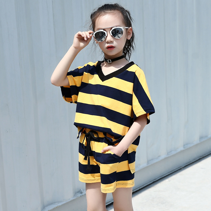 Kids Clothing Sets For Girls Sports Suits Short Sleeve Striped Outfits For Children Tracksuits 2-12T