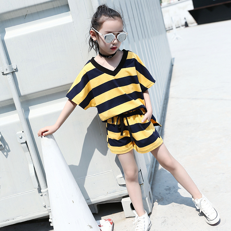 Kids Clothing Sets For Girls Sports Suits Short Sleeve Striped Outfits For Children Tracksuits 2-12T