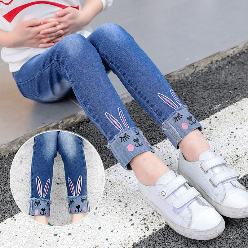 Kids Jeans For Girls Denim Pants Cartoon Skinny Jeans Children Leggings Students Trousers 2-12 Yrs