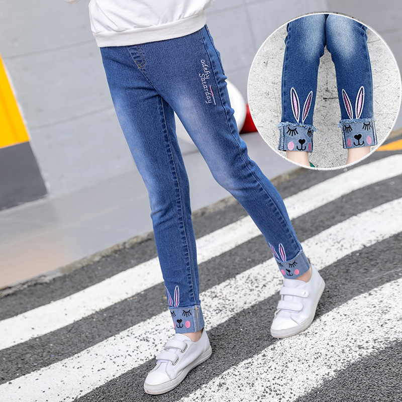 Kids Jeans For Girls Denim Pants Cartoon Skinny Jeans Children Leggings Students Trousers 2-12 Yrs