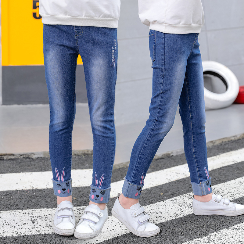 Kids Jeans For Girls Denim Pants Cartoon Skinny Jeans Children Leggings Students Trousers 2-12 Yrs