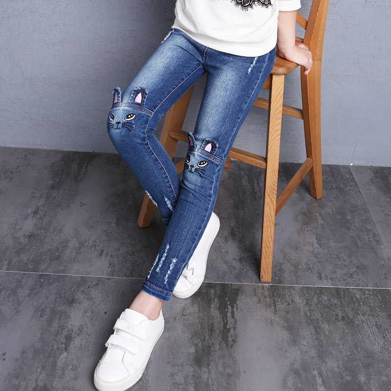 Kids Jeans For Girls Denim Pants Cartoon Skinny Jeans Children Leggings Students Trousers 2-12 Yrs