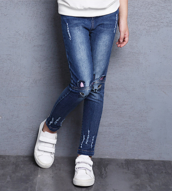 Kids Jeans For Girls Denim Pants Cartoon Skinny Jeans Children Leggings Students Trousers 2-12 Yrs