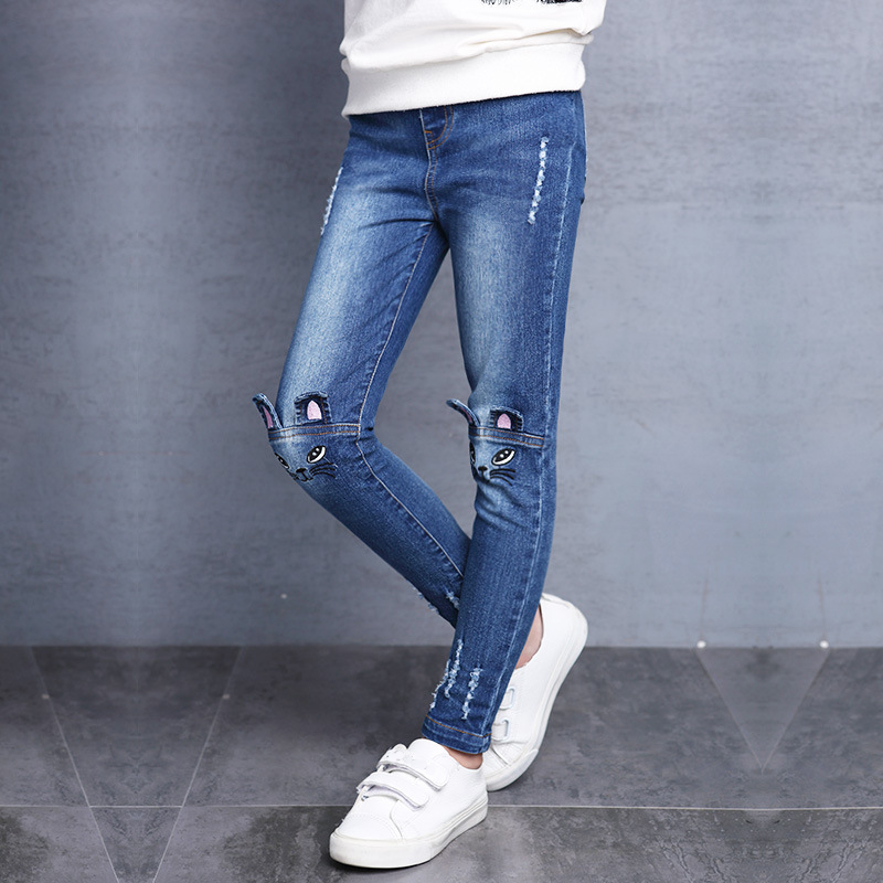 Kids Jeans For Girls Denim Pants Cartoon Skinny Jeans Children Leggings Students Trousers 2-12 Yrs