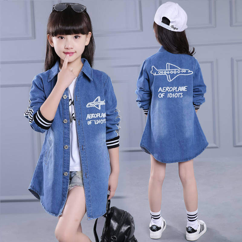 Kids  Denim Windbreaker For Girls Jacket Embroidered Denim Coats Students Outerwear 2-12 Years