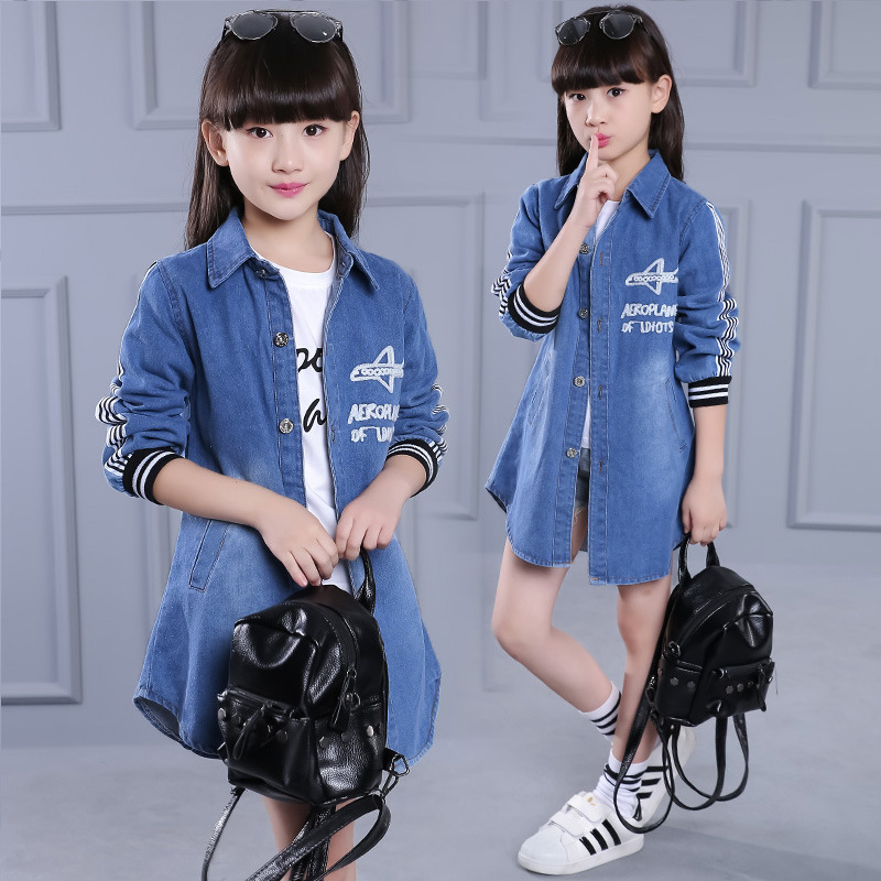 Kids  Denim Windbreaker For Girls Jacket Embroidered Denim Coats Students Outerwear 2-12 Years