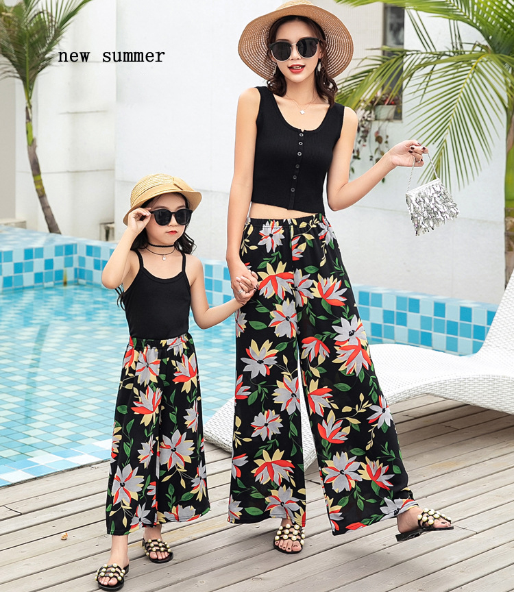 Parent-child Fashion Mom And Kids Wide Leg Pants Summer Chiffon High Waist Casual Pants
