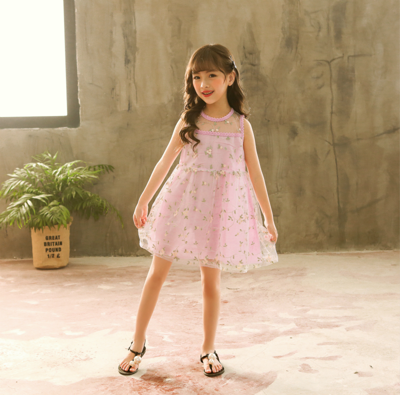 Embroidery Princess Girls Dresses A-Line Cute Floral Birthday Tulle Baby Kids Clothes for 2-12 Yrs