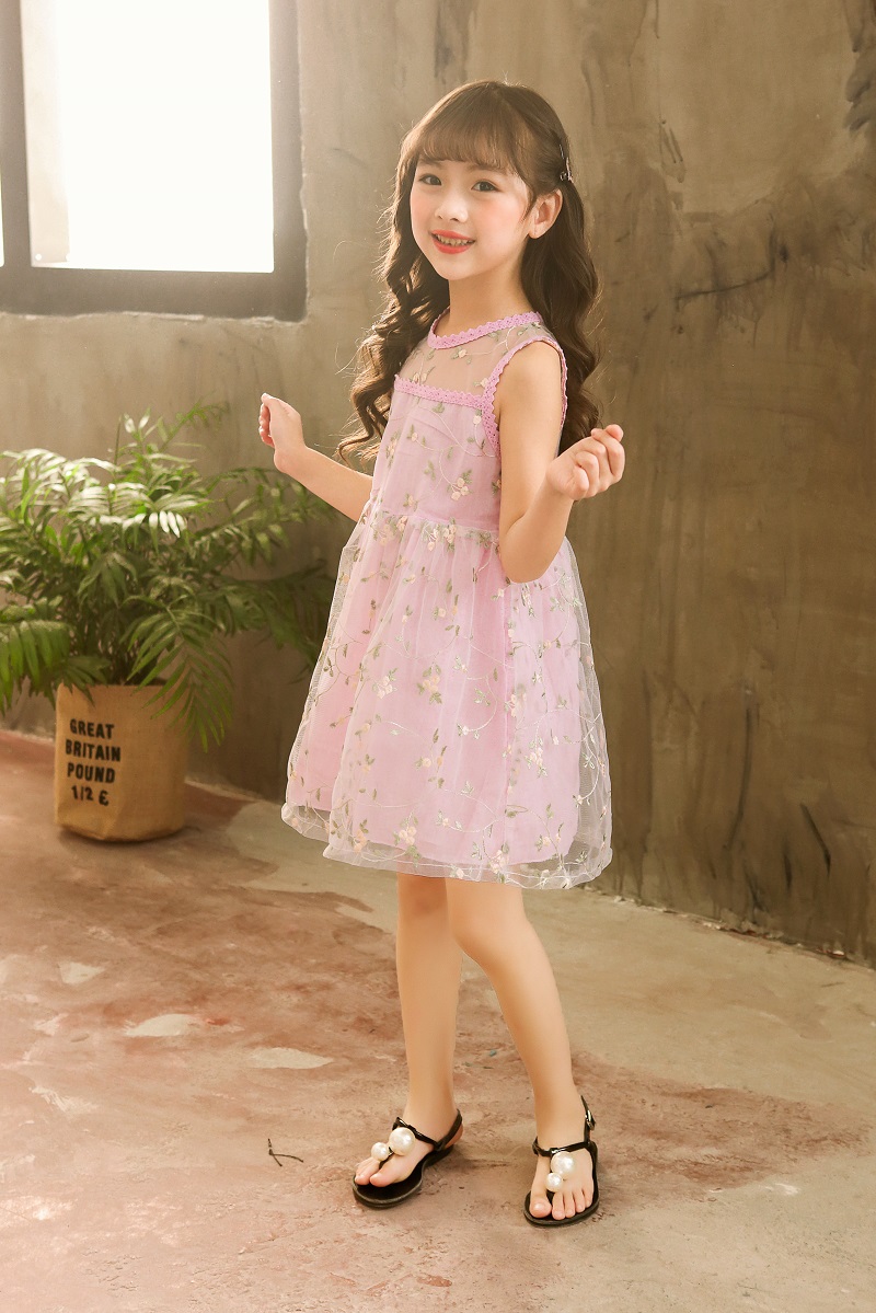 Embroidery Princess Girls Dresses A-Line Cute Floral Birthday Tulle Baby Kids Clothes for 2-12 Yrs