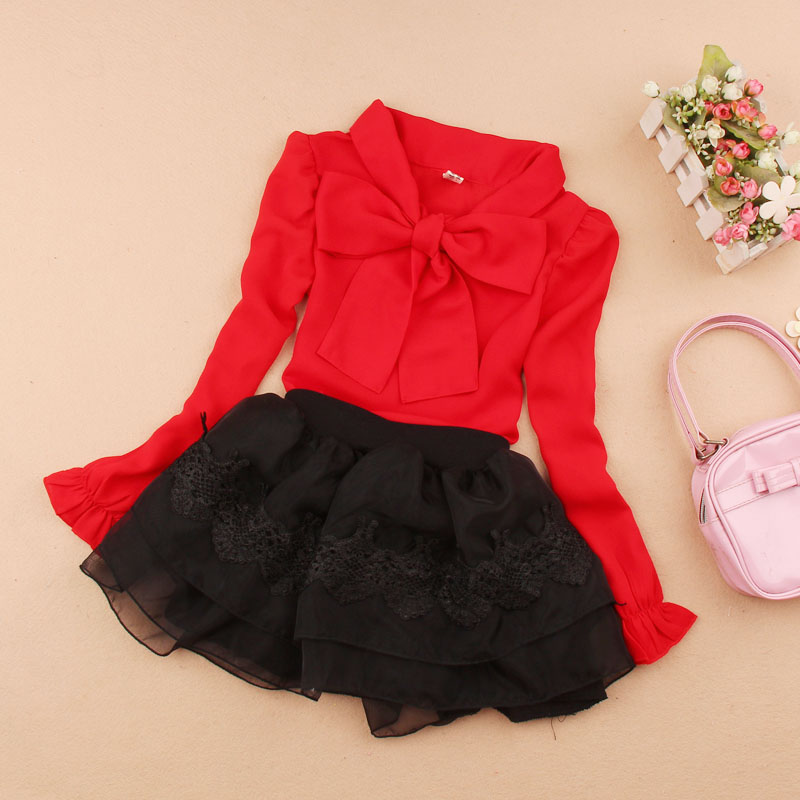 Spring And Autumn Girls Blouse Children Clothing Girl Shirt Long Sleeve Bow Chiffon Blouses 2-15T
