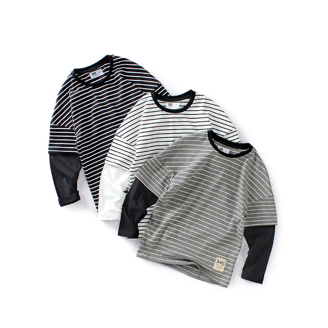 Kids Tees For Boys Striped Shirts Long Sleeve Children Fake Two-piece T-shirt Cotton Tops Tees