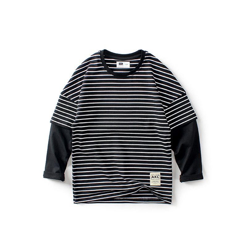 Kids Tees For Boys Striped Shirts Long Sleeve Children Fake Two-piece T-shirt Cotton Tops Tees