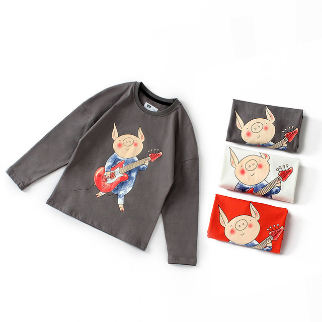 Kids Tees For Girls Cartoon Pig T-shirt Long Sleeve Boys  Tops Cotton Tees Children Clothes 5-14 Yrs