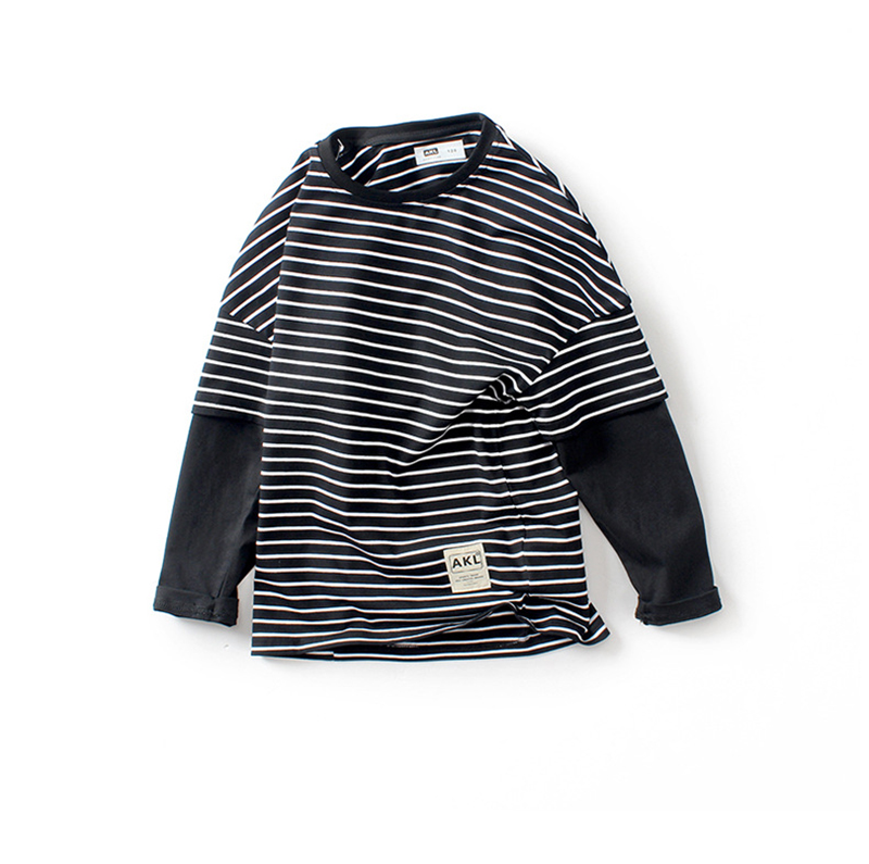 Kids Tees For Boys Striped Shirts Long Sleeve Children Fake Two-piece T-shirt Cotton Tops Tees