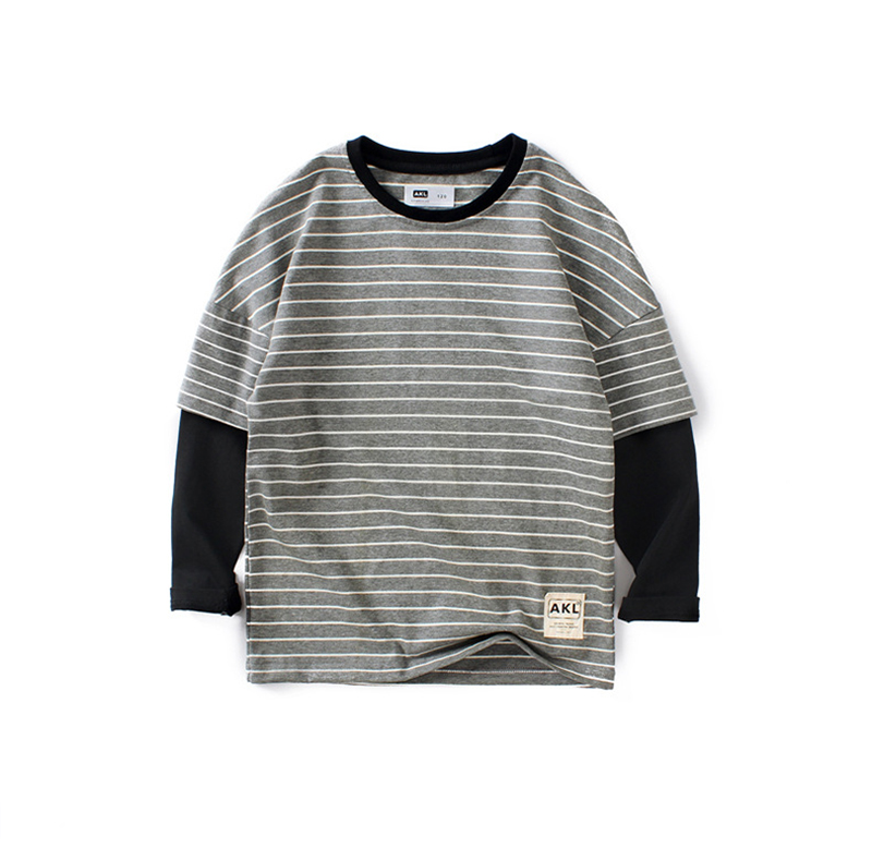 Kids Tees For Boys Striped Shirts Long Sleeve Children Fake Two-piece T-shirt Cotton Tops Tees