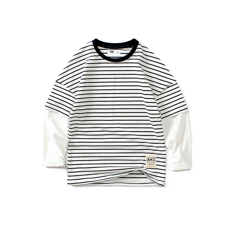 Kids Tees For Boys Striped Shirts Long Sleeve Children Fake Two-piece T-shirt Cotton Tops Tees