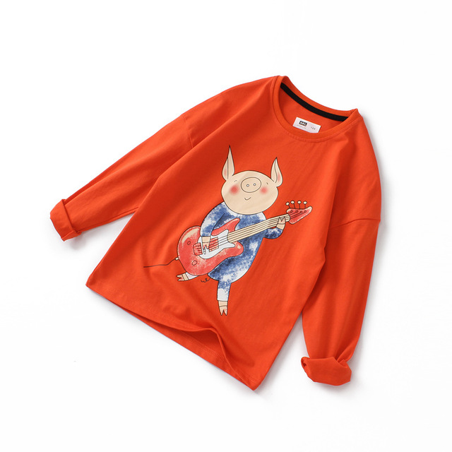 Kids Tees For Girls Cartoon Pig T-shirt Long Sleeve Boys  Tops Cotton Tees Children Clothes 5-14 Yrs
