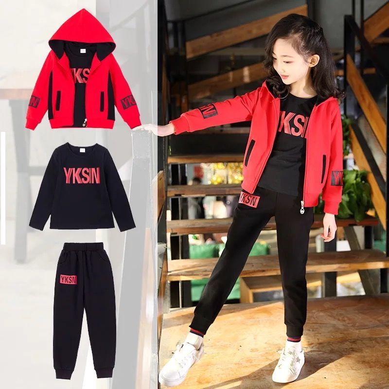 Midodo Kids Three-piece Sets For Girls Spring Autumn Girls Sportwears Hoodie Coats+T-shirts + Pants