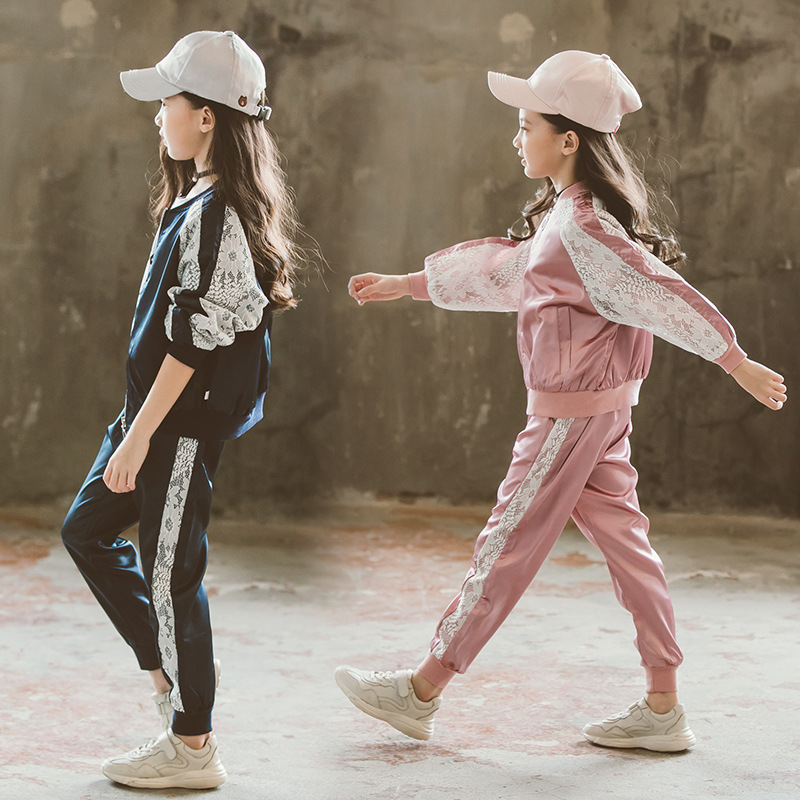 Midodo Kids Sports Girls Clothing Sets Lace Tops + Pants 2 Piece Kids Tracksuits Casual Kids Outfit