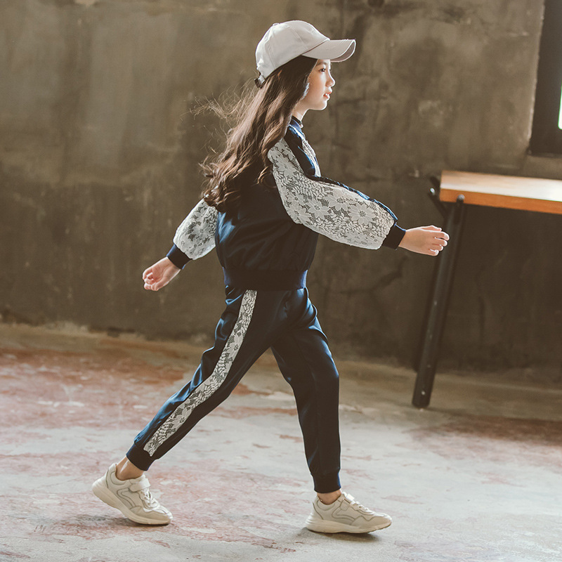 Midodo Kids Sports Girls Clothing Sets Lace Tops + Pants 2 Piece Kids Tracksuits Casual Kids Outfit