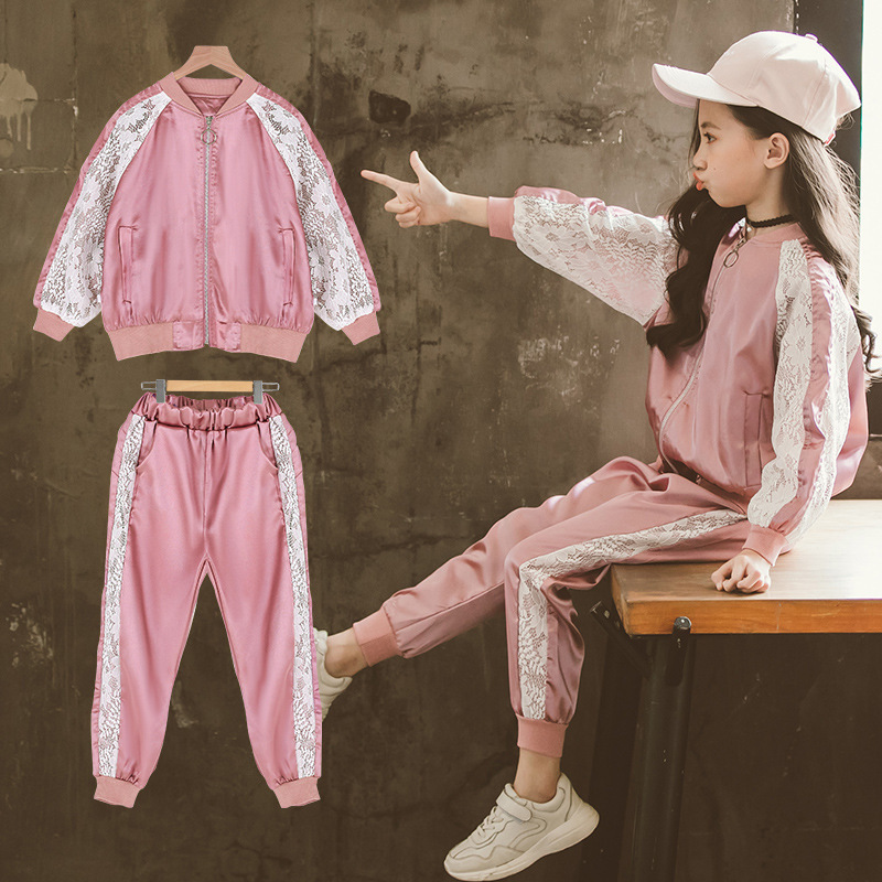 Midodo Kids Sports Girls Clothing Sets Lace Tops + Pants 2 Piece Kids Tracksuits Casual Kids Outfit