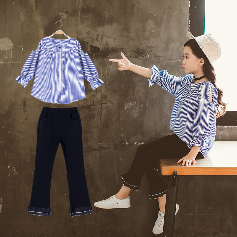 Girls Clothes Sets Korean Version Long Sleeve Striped Off-shoulder Shirts + Lace Pants 2 Piece