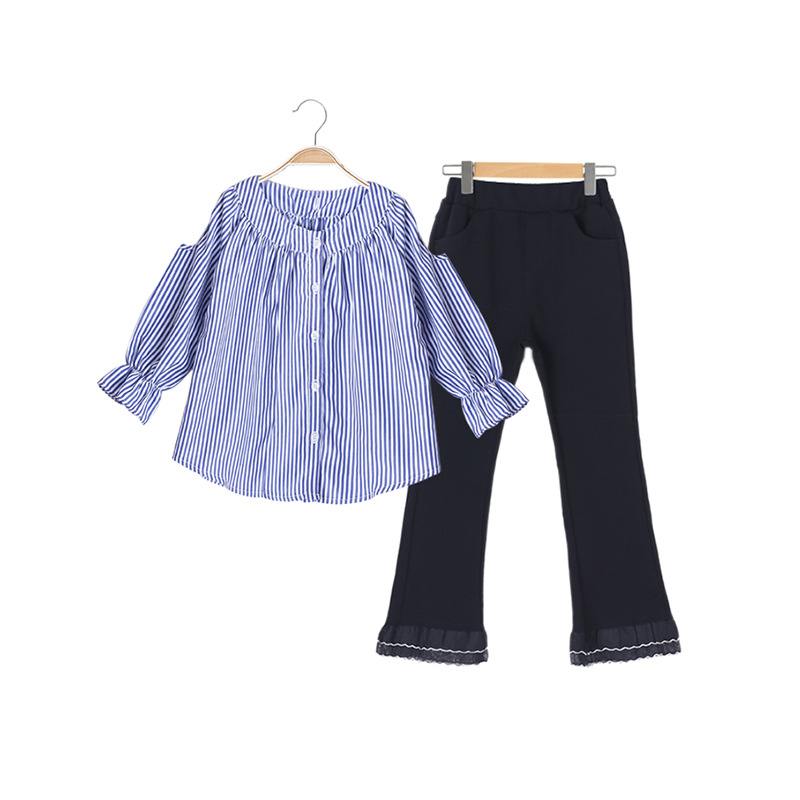 Girls Clothes Sets Korean Version Long Sleeve Striped Off-shoulder Shirts + Lace Pants 2 Piece