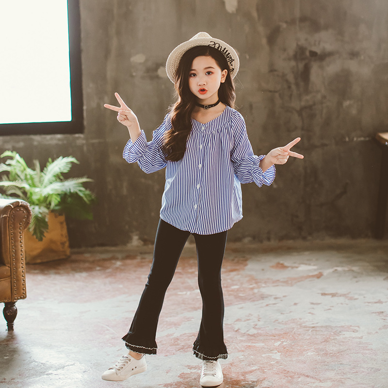 Girls Clothes Sets Korean Version Long Sleeve Striped Off-shoulder Shirts + Lace Pants 2 Piece