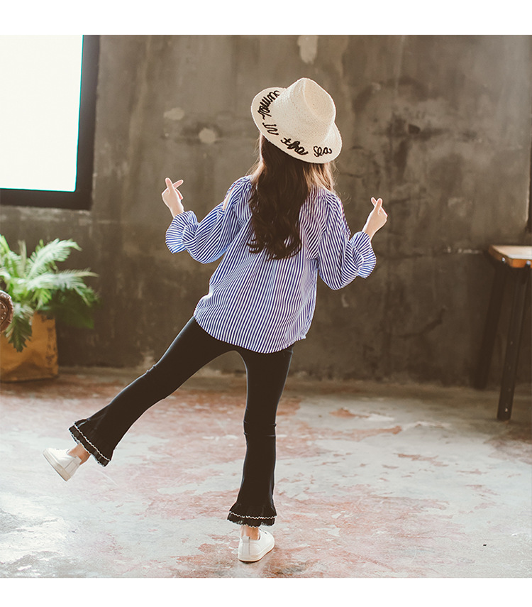 Girls Clothes Sets Korean Version Long Sleeve Striped Off-shoulder Shirts + Lace Pants 2 Piece