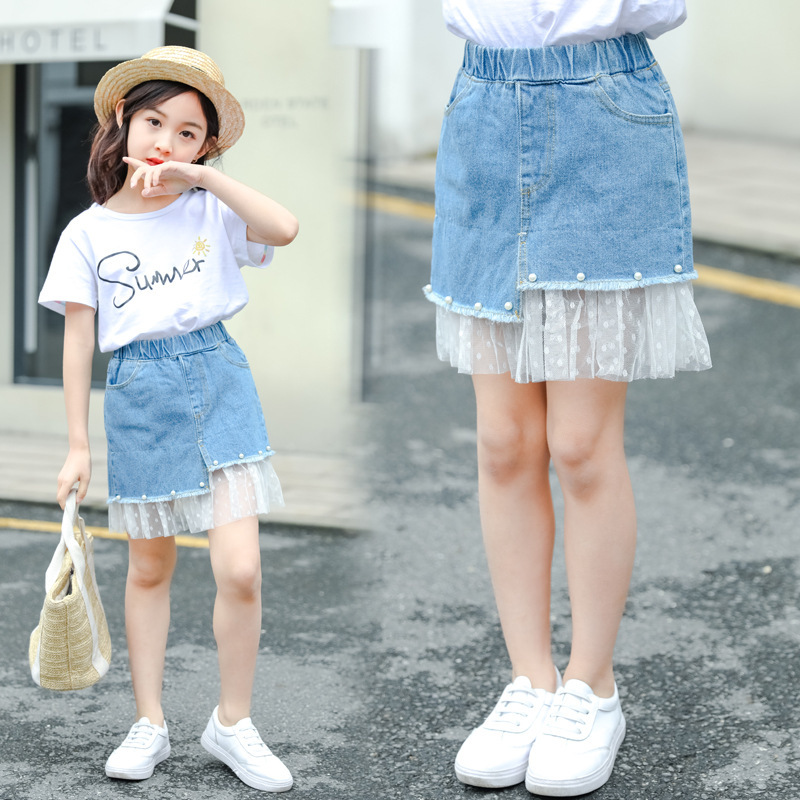 Kids Girls Denim Skirts Children Denim Short Skirt Fashion Summer Casual Lace A-line Skirt 19115