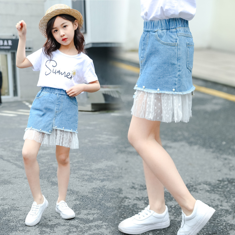 Kids Girls Denim Skirts Children Denim Short Skirt Fashion Summer Casual Lace A-line Skirt 19115